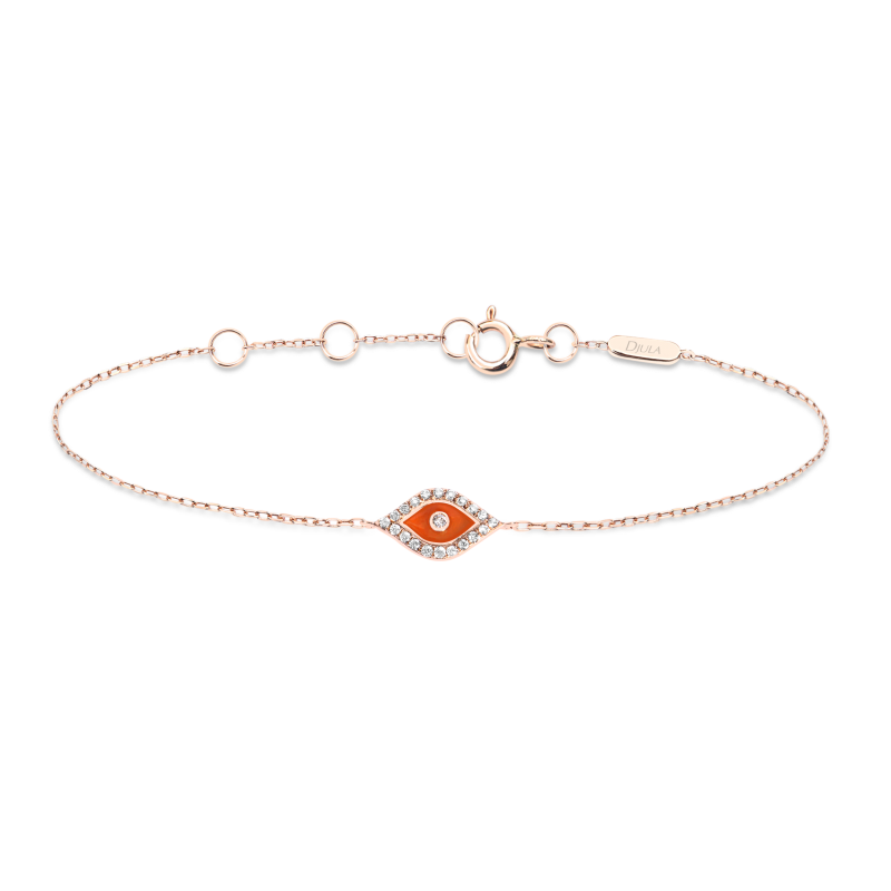 DJULA 14 Carat Rose Gold Bracelet Eye Design Set with Diamonds + Orange Coral Enamel / Chaine Forçat Mousqueton