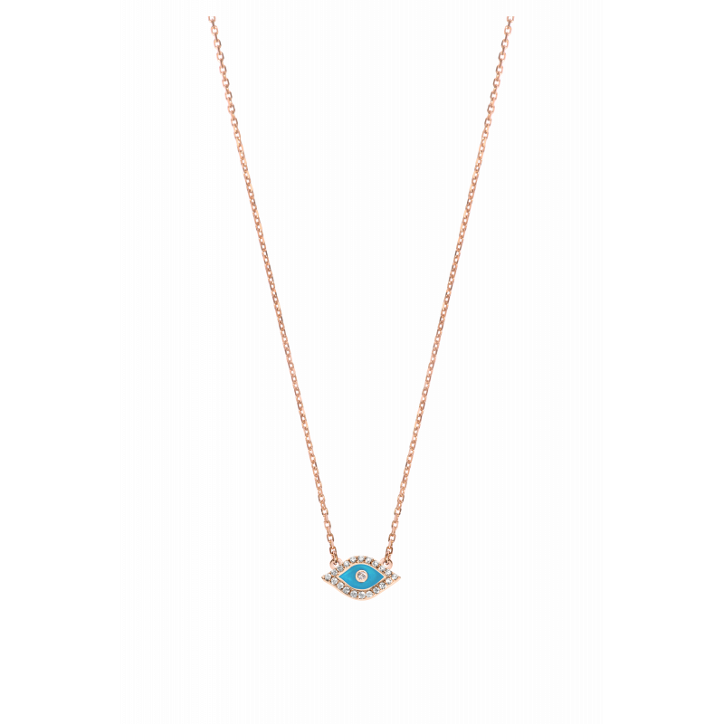 DJULA Necklace 14 Carat Rose Gold Eye & Turquoise Enamel + Diamonds / Chaine Forçat Mousqueton Adjustable size