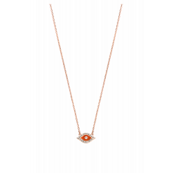 DJULA Necklace 14 Carat Rose Gold Motif Eye Set with Diamonds + Orange Enamel Coral / Chaine Forçat Mousqueton