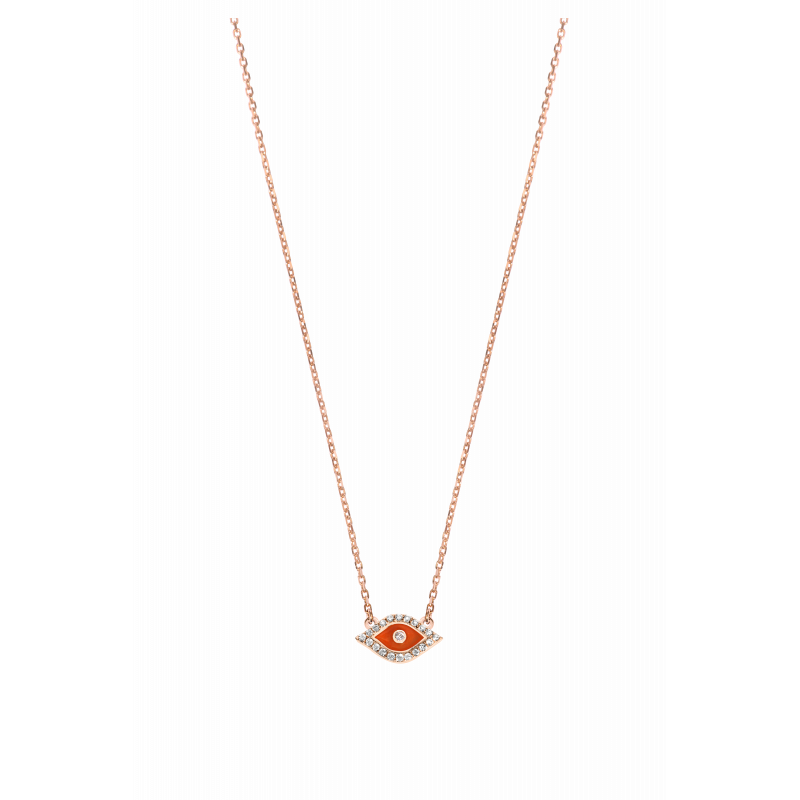 DJULA Necklace 14 Carat Rose Gold Motif Eye Set with Diamonds + Orange Enamel Coral / Chaine Forçat Mousqueton