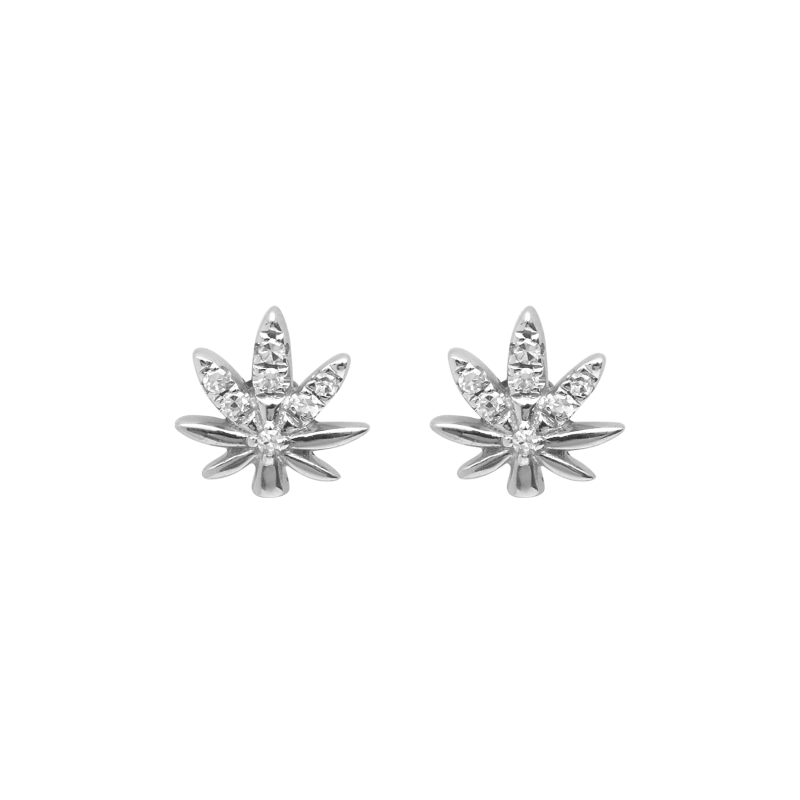 DJULA Pair of White Gold Earrings Small Cannabis Leaves Set with Stroller Diamonds